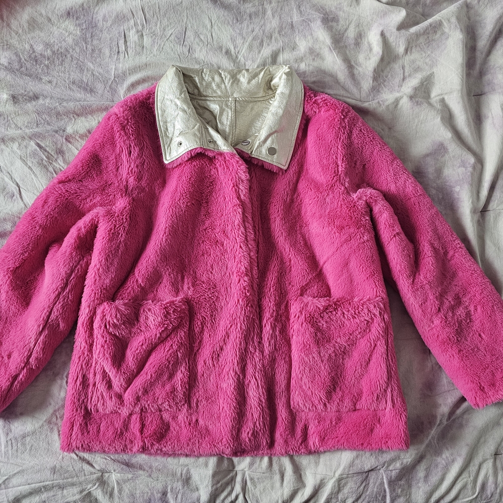 Hot pink furry faux shiny leather reversible button up coat pleather jacket NEW